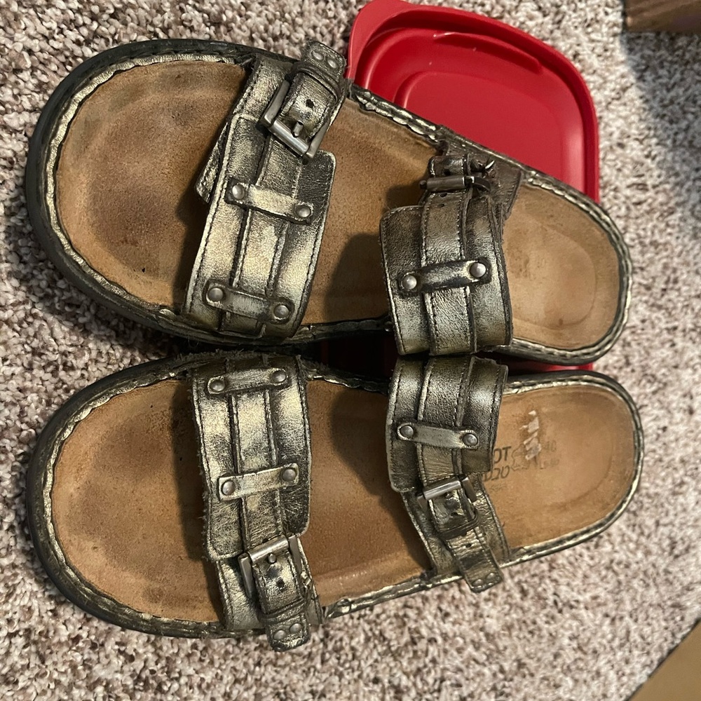 Naot Silver Sandals with Adjustable Buckles and Contoured Footbed